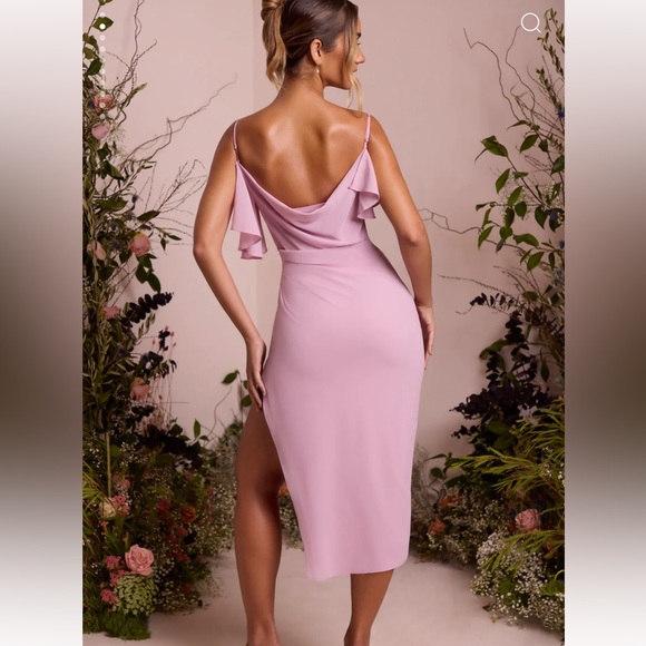 Oh Polly Romilly Cowl Neck Pleated Midaxi Dress in Dusty Pink - Picture 3 of 12